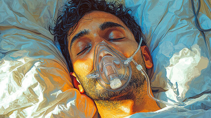 Portrait of a patient with oxygen support resting in a hospital bed
