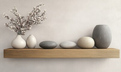 Decorative wooden shelf with smooth river stones and minimal ceramics, styled for a balanced and earthy interior design concept