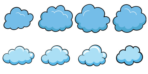 Cartoon Cloud Collection - Blue Hand-Drawn Fluffy Clouds with Black Outlines, Perfect for Weather, Sky, and Nature Designs	
