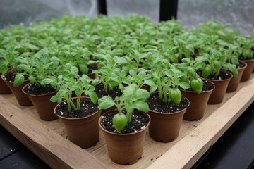 Fototapeta premium Healthy green tomato seedlings thrive in biodegradable pots, carefully arranged on a wooden tray, reflecting the nurturing care in a greenhouse setting