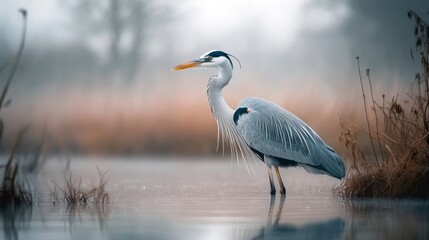 Naklejka premium Heron in a Marsh A heron stands motionless in a marsh, its gray feathers blending with the reeds and water. The image highlights the heron's long legs and the tranquil marshland.