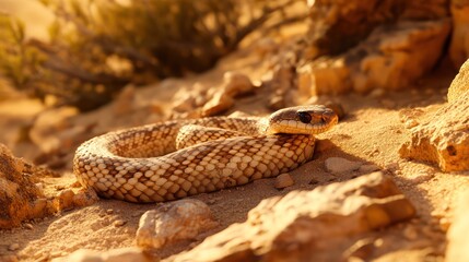 Obraz premium Rattlesnake in the Desert A rattlesnake lies coiled on the sandy desert floor, its scales blending with the sand and rocks. The image captures the snake's iconic rattle and the harsh desert environmen