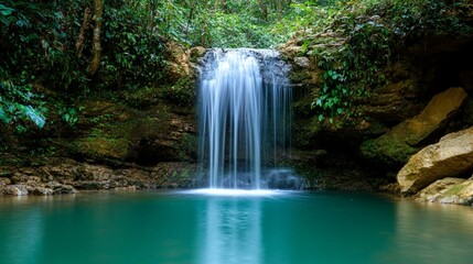 Fototapeta premium Serene Waterfall Cascading into a Tranquil Pool Surrounded by Nature