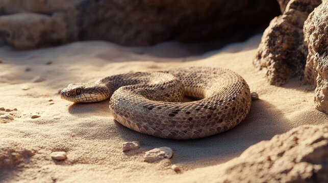 Rattlesnake in the Desert A rattlesnake lies coiled on the sandy desert floor, its scales blending with the sand and rocks. The image captures the snake's iconic rattle and the harsh desert environmen