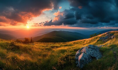 Dramatic Sunset Panorama. Beautiful Nature Background.