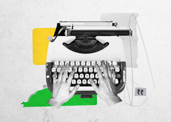 Surreal collage typewriter and hands