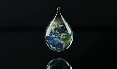 Droplet of water shaped like Earth, suspended mid-air, with detailed reflections and subtle ripples below, symbolizing water conservation