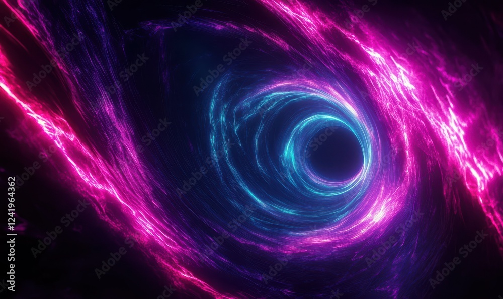 Wall mural dynamic light trails of vivid magenta and cyan creating a circular vortex, set against a minimalist,