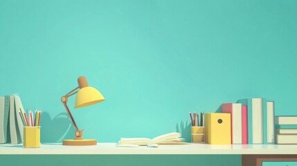 Bright Flat Illustration of Workspace with Desk and Lamp