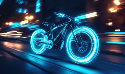 Dynamic glowing electric bicycle speeding through an urban environment, symbolizing sustainable transportation solutions.