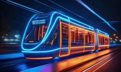 Dynamic glowing light rail system with vibrant blue and orange tones, blending speed and eco-conscious design.