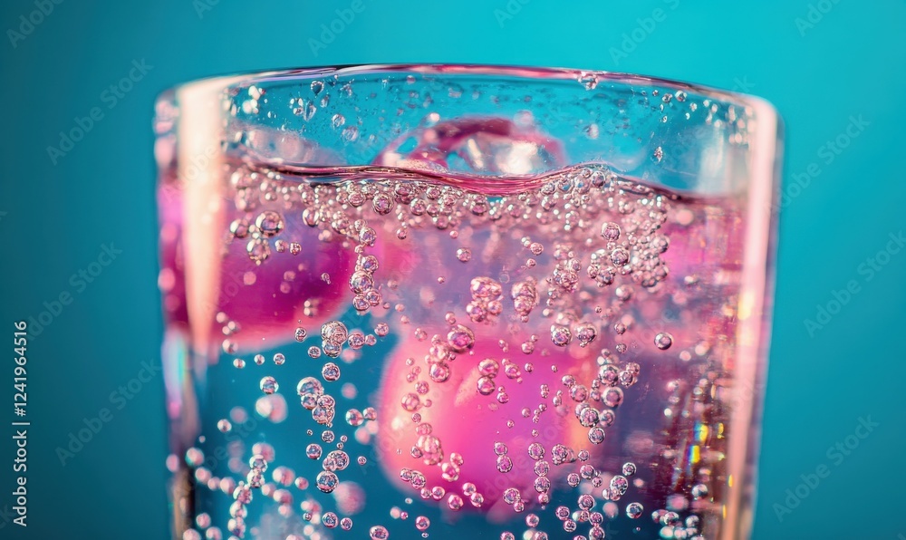 Wall mural Effervescent drink with pink bubbles glowing against a vivid blue background, capturing the freshness of a fizzy moment in detail.