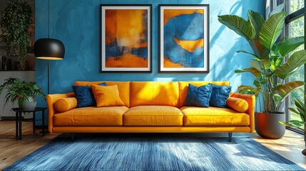 Vibrant modern living room with yellow sofa and blue wall art