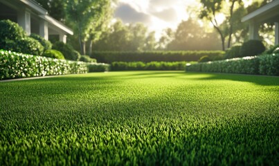 Freshly cut lawn with vibrant green blades, the soft morning dew glistening under golden sunlight, a serene outdoor moment