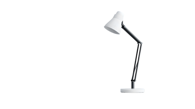 A sleek, modern desk lamp with an adjustable arm, placed on a white surface. Transparent background


