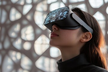 Young woman wearing a VR headset, experiencing immersive virtual reality.