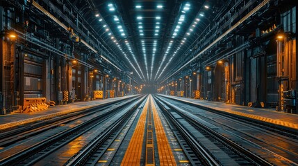 An expansive, illuminated train depot featuring multiple tracks, with a modern industrial design and a dramatic play of light and shadow.
