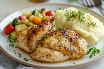 Grilled chicken, mashed potatoes, veggies.  Dinner plate, home cooking