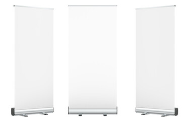 Blank Roll Up Banners. Rollup aluminium self-rolling display stands, self-rolling advertising displays. Mockup, template. 3D rendering isolated on transparent background