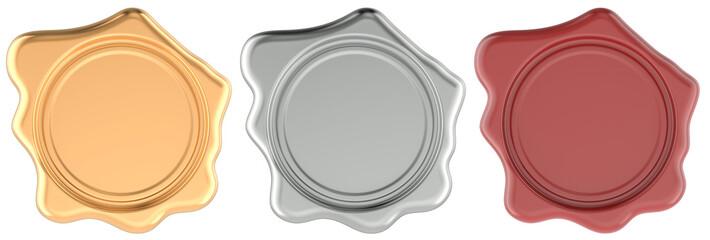 Stamp Wax Seals. Red, golden and silver color, front view. 3D rendering isolated on transparent background