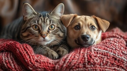 cute cat and dog are lying on a bed together surrounded by knitted red hearts