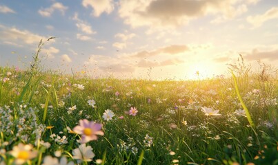 Golden hour in a scenic countryside field with wildflowers and tall grasses swaying in the breeze, warm sunlight bathing the landscape in peaceful beauty