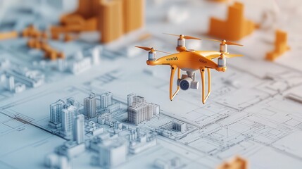 creative representation of architecture of a drone placed over blueprints of a city, security, innovation and precision in structural design city lights
