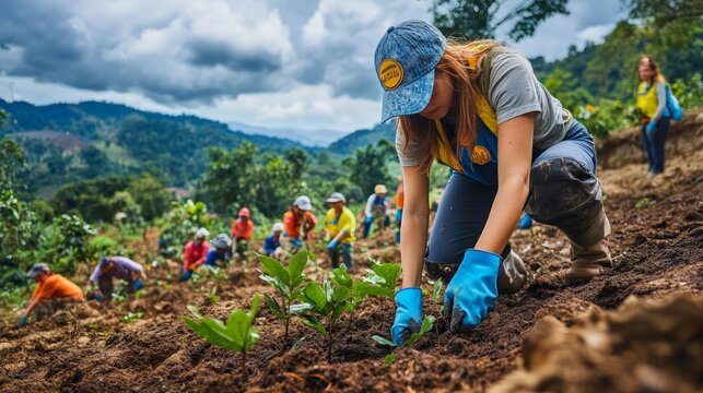Volunteer Group Planting Trees in Lush Green Landscape