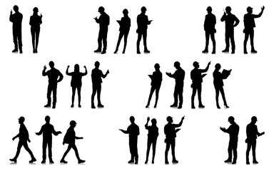 Hand-drawn silhouette set of male and female workers with helmets and vests. Workers in different poses and color options. Vector flat style illustration isolated on white	