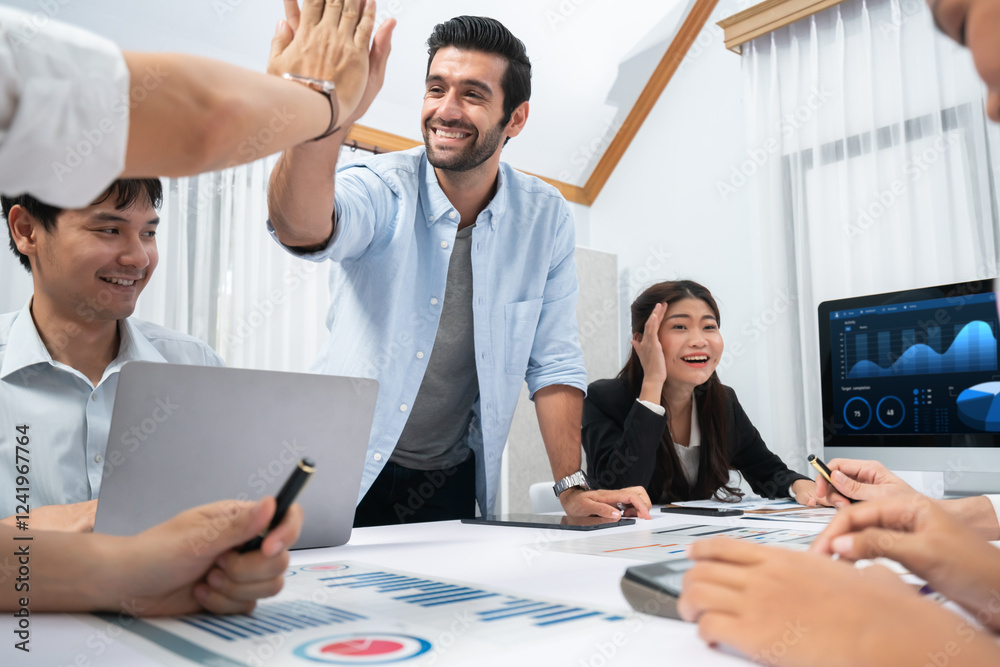Aufkleber analyst team leader celebrate and high five together with his colleague after successful data analys