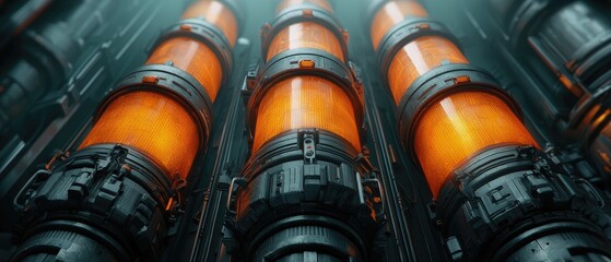 A close-up view of futuristic cylindrical devices with glowing orange elements, set in a dark, industrial environment.
