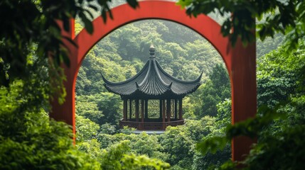 Fototapeta premium Serene Asian Pavilion Framed by Lush Greenery and Archway