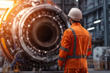 A technician in safety gear inspects a large industrial engine in a well-lit workshop, focusing on machinery and engineering.