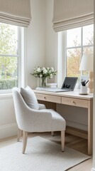 Fototapeta premium Cozy workspace in a quiet corner of the house featuring a wooden desk, comfortable chair, and natural light from large windows