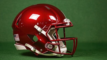 Fototapeta premium Maroon football helmet, green background, sports equipment