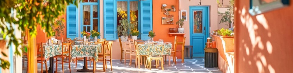 Outdoor patio dining at a vibrant, sun-drenched Mediterranean restaurant.