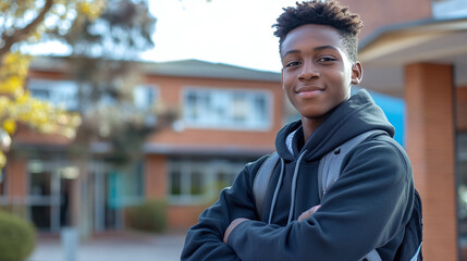 Fototapeta premium A young african american teenage boy standing in front of the school with his arms crossed, looking at the camera and smiling. educational institution male student, adolescence happiness.