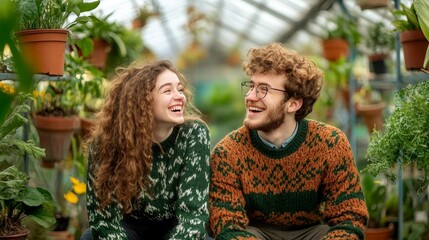 Naklejka premium A happy couple laughs together amidst lush greenery in a greenhouse.