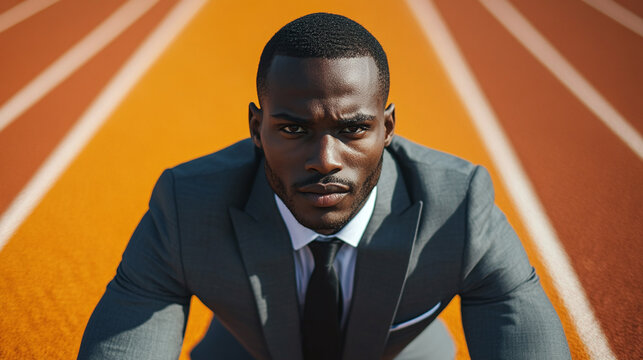 African american businessman in an elegant suit getting ready to run on an orange running tracks outdoors. leadership challenge for the ceo executive of the company concept, start line, determination.