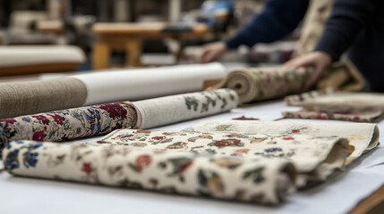 Colorful Printed Fabrics Arranged on a Table