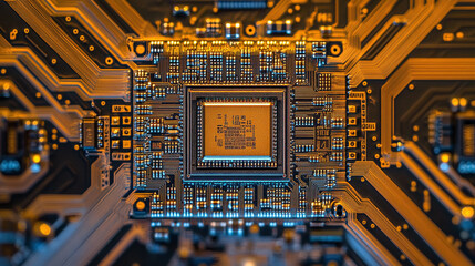 Closeup of a computer chip technology or cpu board with microchip circuit and electronic semiconductors. motherboard information processing, pc computer hardware device, neural network components.