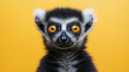 Fototapeta premium Closeup portrait of one beautiful madagascar black and gray furry lemur animal indoors isolated on a yellow background. fluffy creature looking at the camera.
