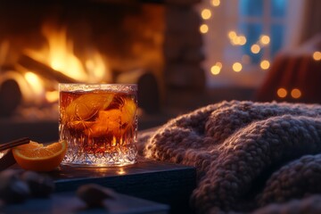 Cozy winter drink by fireplace