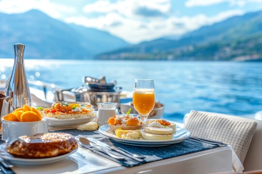 Enjoy a sumptuous breakfast on a yacht deck overlooking serene waters and picturesque mountains. The table is elegantly arranged with gourmet dishes and fresh juices