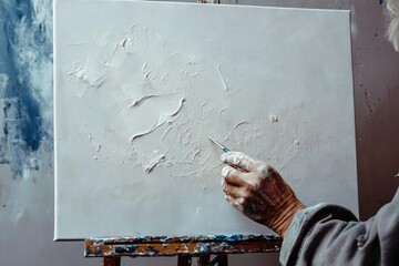 An artist's hand skillfully applies thick white paint to a canvas, creating a textured abstract...