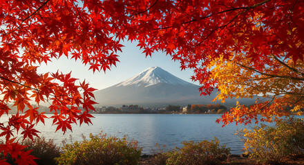 Majestic Mount Fuji Autumn Scenery: Red Maple Leaves Frame Volcanic Peak & Lake