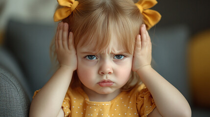 Little toddler girl covering her ears block out the sound or noise of her parents arguing, mother and father fighting in marriage, child trauma and suffering.family conflict and problems,house quarrel