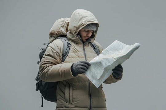 A man wearing a hooded jacket and backpack consults a paper map outdoors.