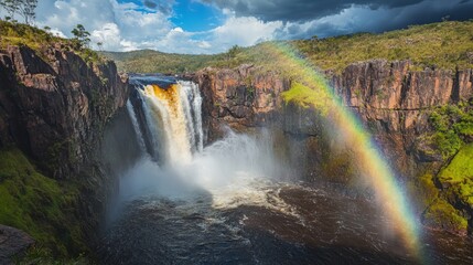 Fototapeta premium Stunning Waterfall with Rainbow and Dramatic Sky Overlooking Nature