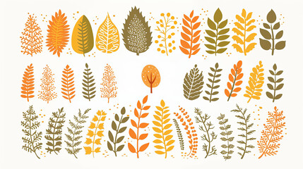 Collection of simple decorative colorful leaves and botanical graphics
